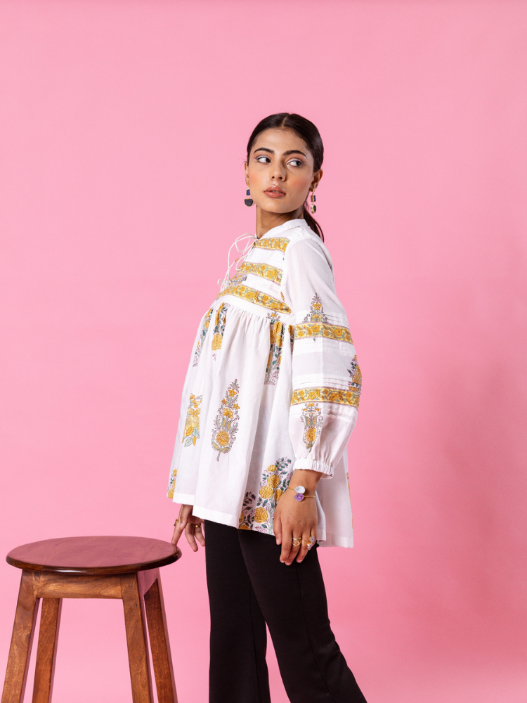 Yellow Florencia Top - Hand Block Printed Cotton Top
