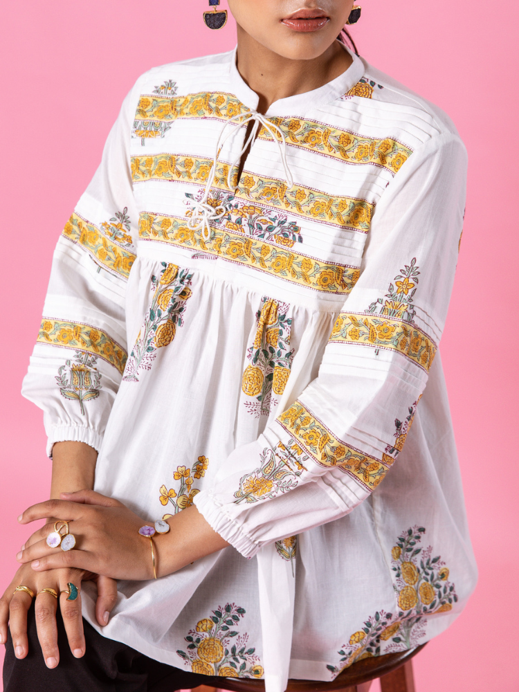 Yellow Florencia Top - Hand Block Printed Cotton Top