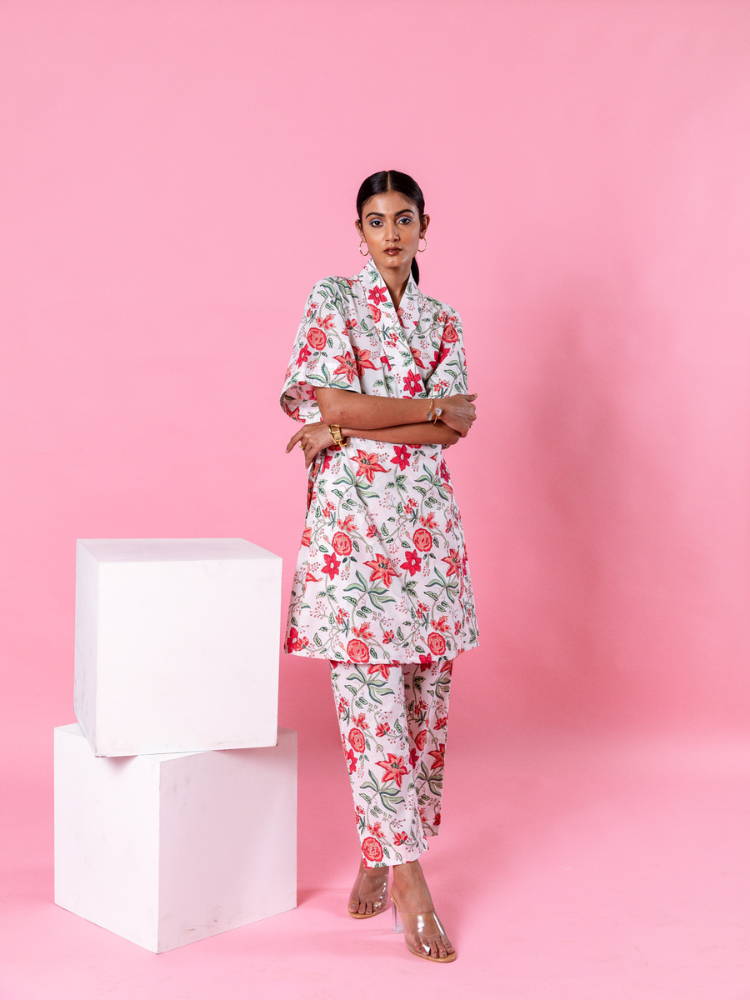 Pink Dahlia Kimono Co-Ord - Hand Block Printed Co-Ord Set