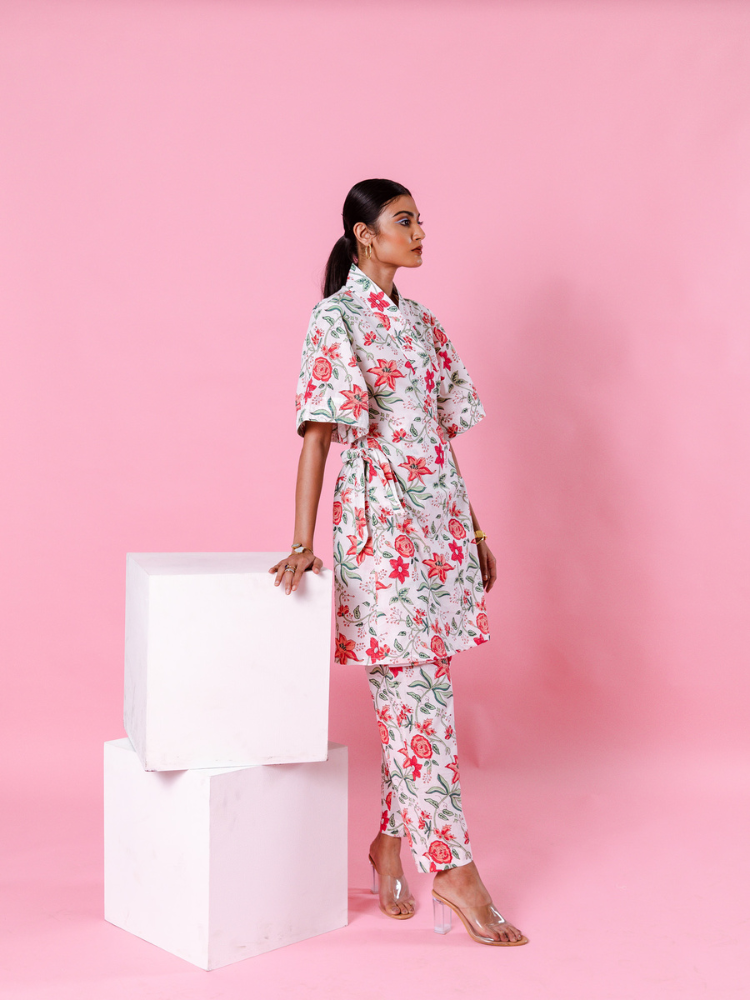 Pink Dahlia Kimono Co-Ord - Hand Block Printed Co-Ord Set