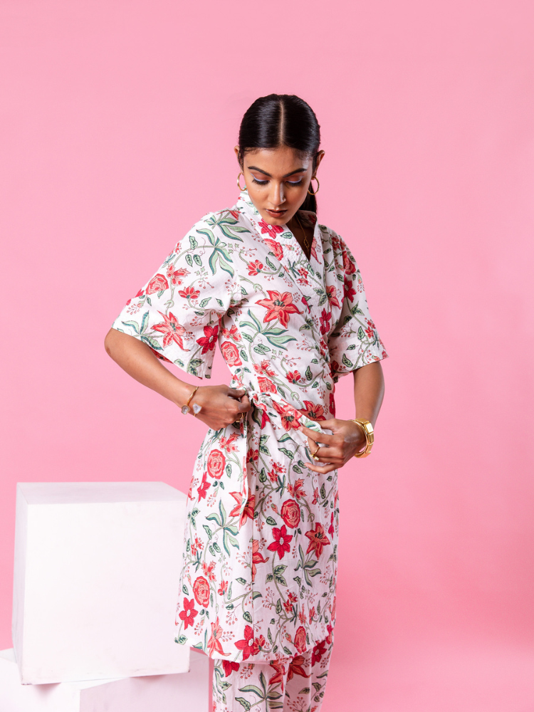 Pink Dahlia Kimono Co-Ord - Hand Block Printed Co-Ord Set