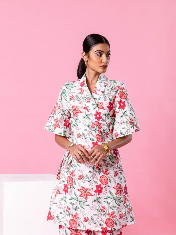 Pink Dahlia Kimono Co-Ord - Hand Block Printed Co-Ord Set