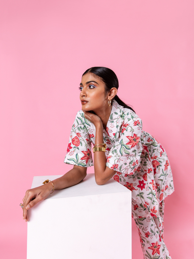 Pink Dahlia Kimono Co-Ord - Hand Block Printed Co-Ord Set