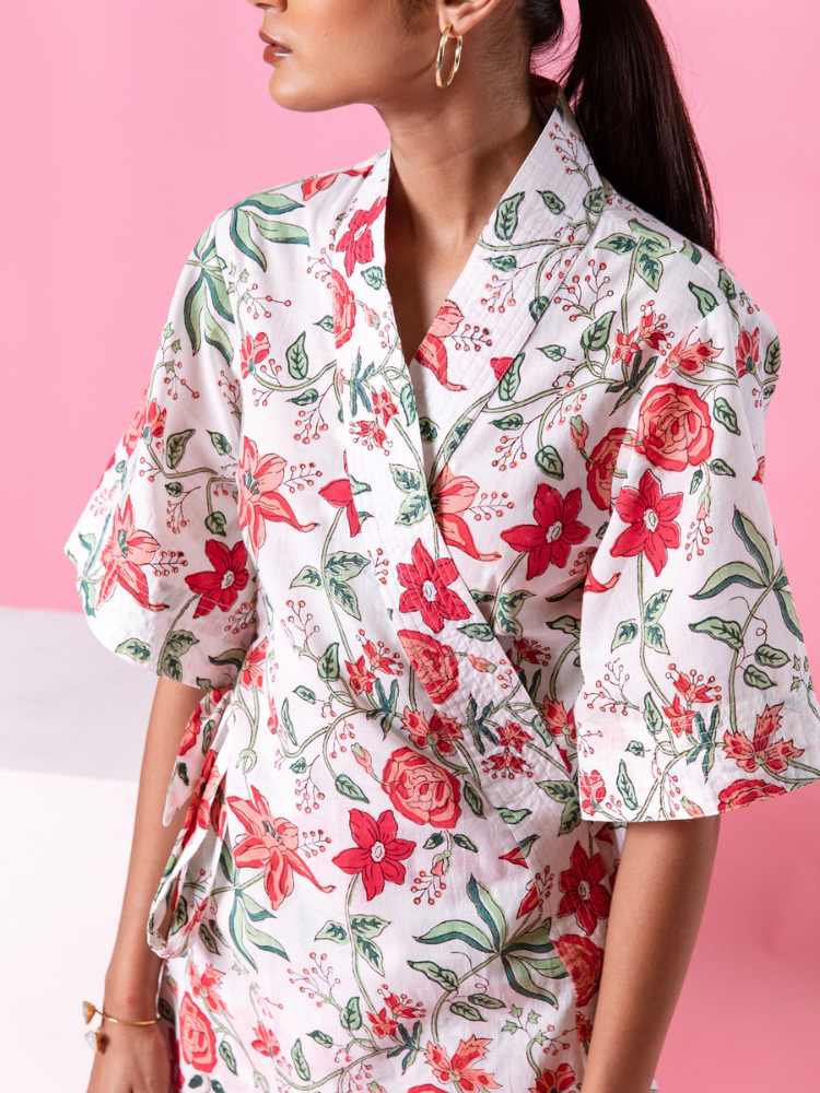 Pink Dahlia Kimono Co-Ord - Hand Block Printed Co-Ord Set
