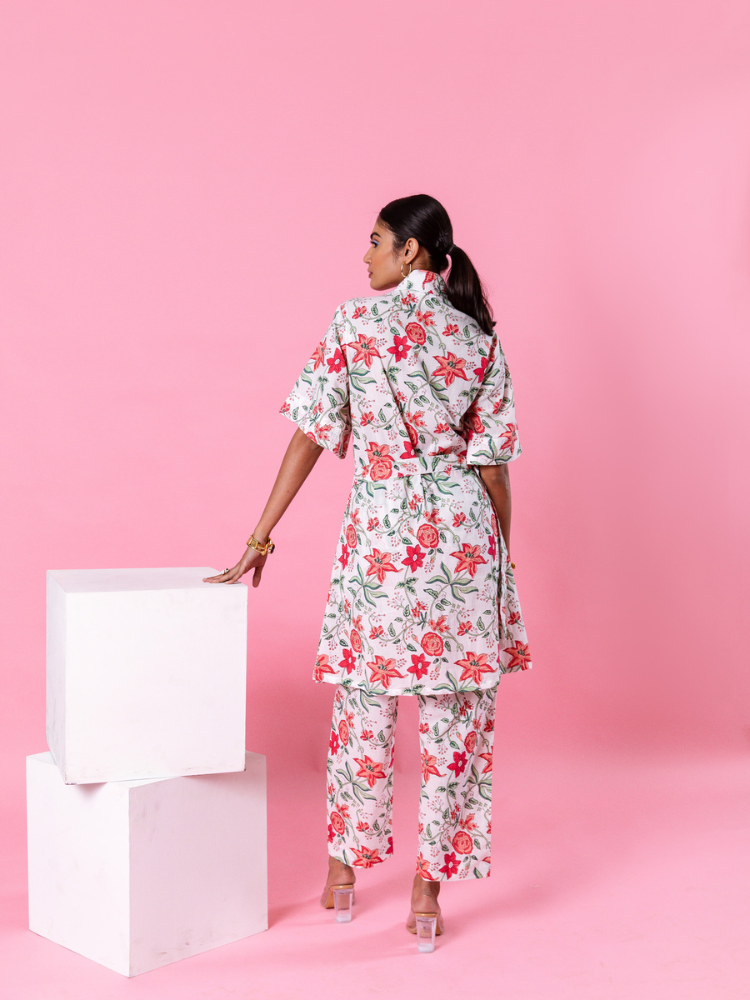 Pink Dahlia Kimono Co-Ord - Hand Block Printed Co-Ord Set