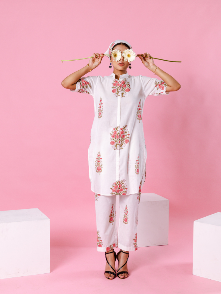Pink Dahlia Co-Ord Set - Hand Block Printed Co-Ord Set