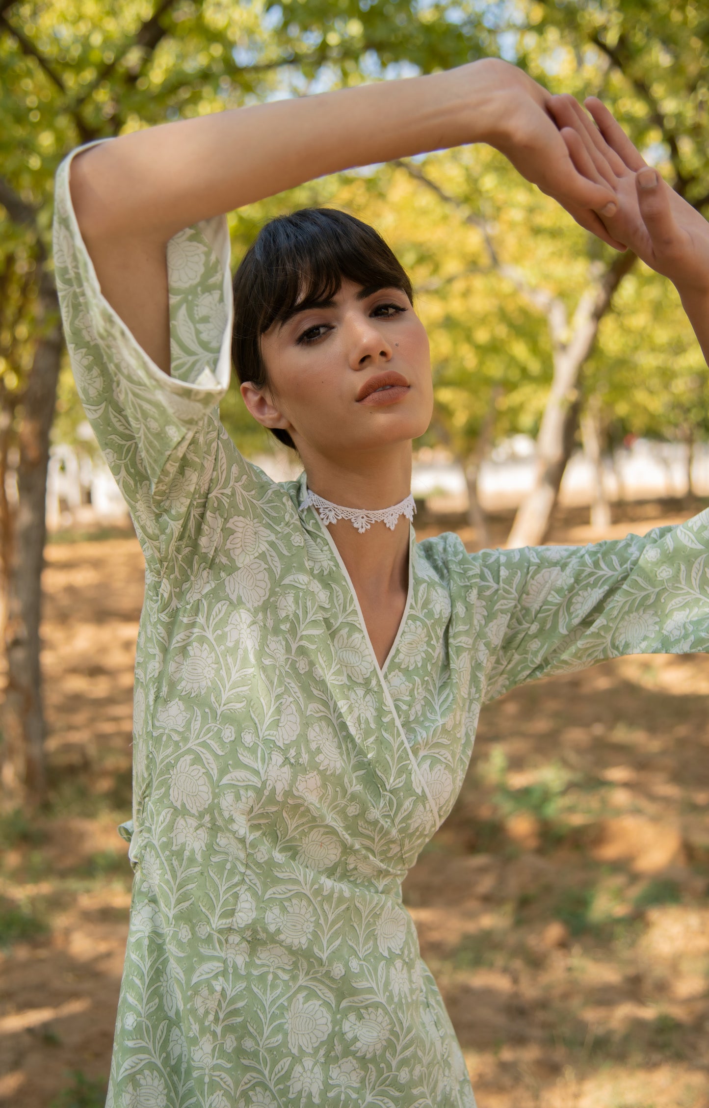 Greener Days Wrap Dress - Green Hand Block Printed Cotton Wrap Dress