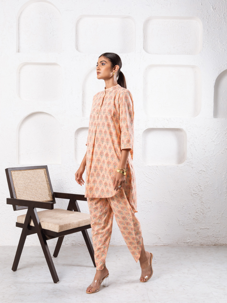 Peach Pansy Dhoti Co-Ord - Hand Block Printed Co-Ord Set