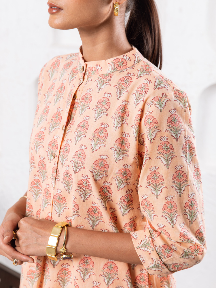 Peach Pansy Dhoti Co-Ord - Hand Block Printed Co-Ord Set