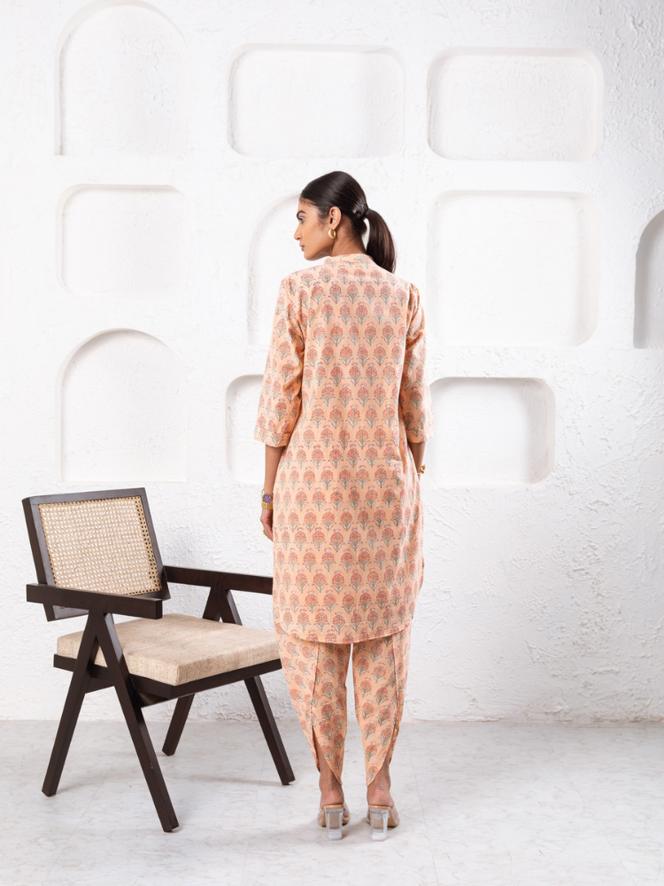 Peach Pansy Dhoti Co-Ord - Hand Block Printed Co-Ord Set