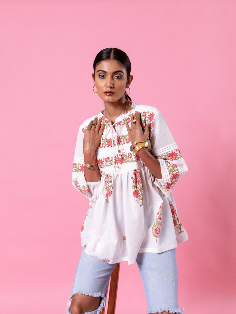 Florencia Peasent Top - Hand Block Printed Cotton Top