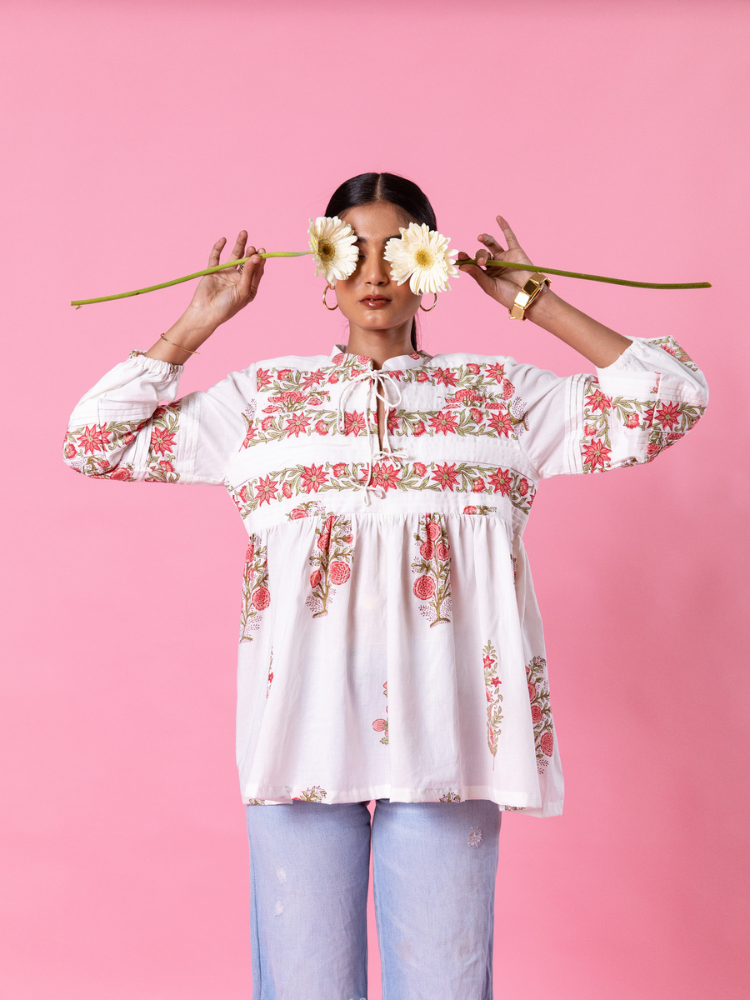 Florencia Peasent Top - Hand Block Printed Cotton Top