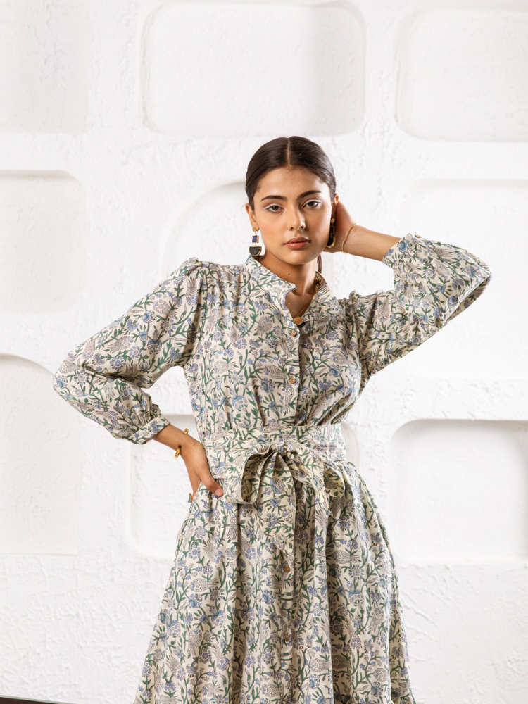 Abbey Garden Dress- Hand Block Printed Midi Dress