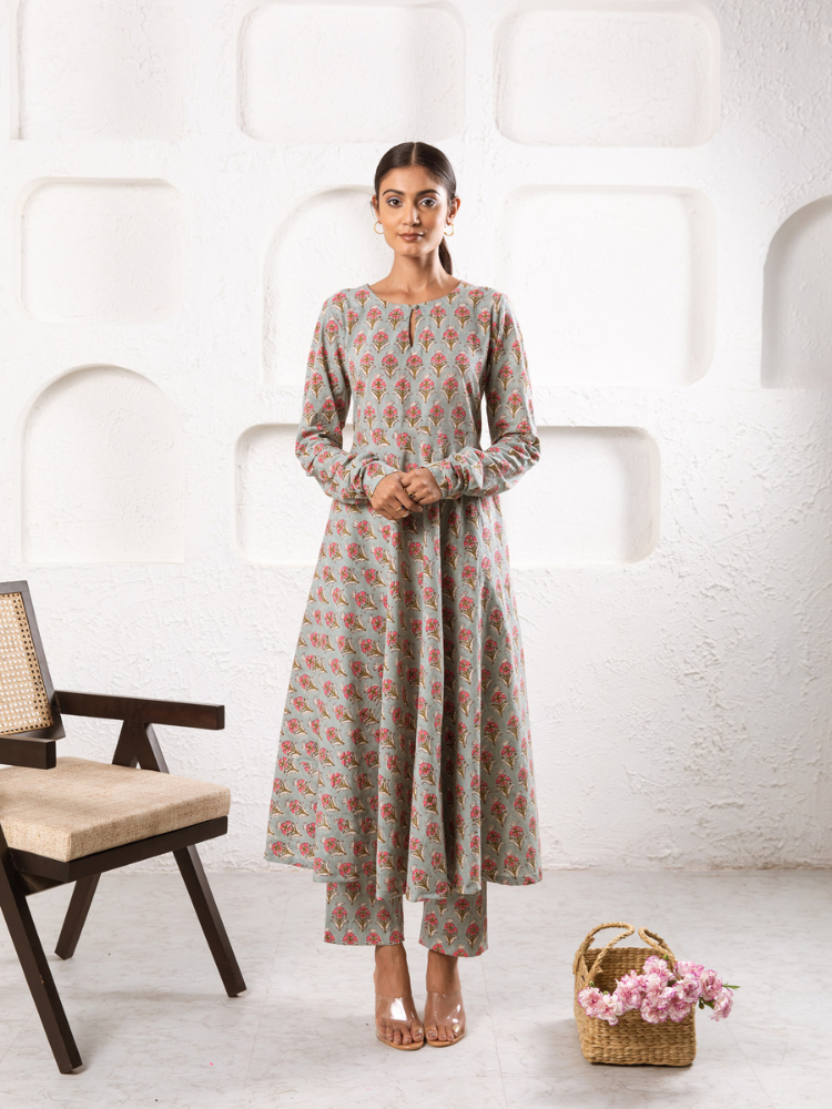 Grey Pansy Kurta Set - Hand Block Printed Kurta Set