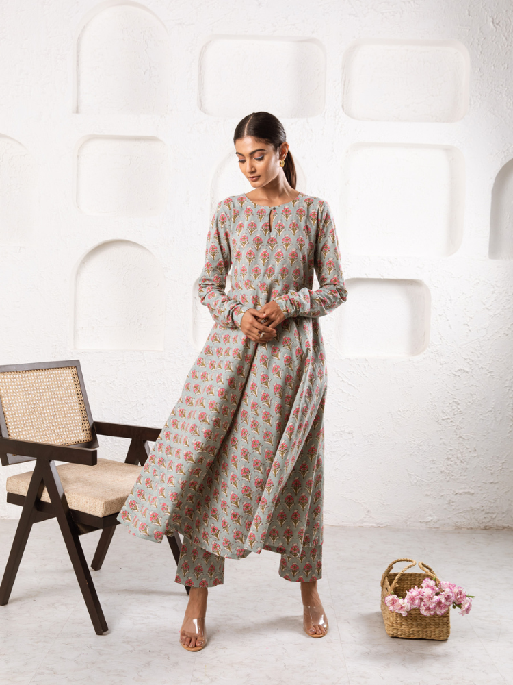 Grey Pansy Kurta Set - Hand Block Printed Kurta Set