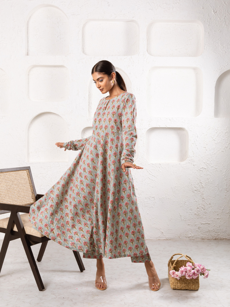 Grey Pansy Kurta Set - Hand Block Printed Kurta Set