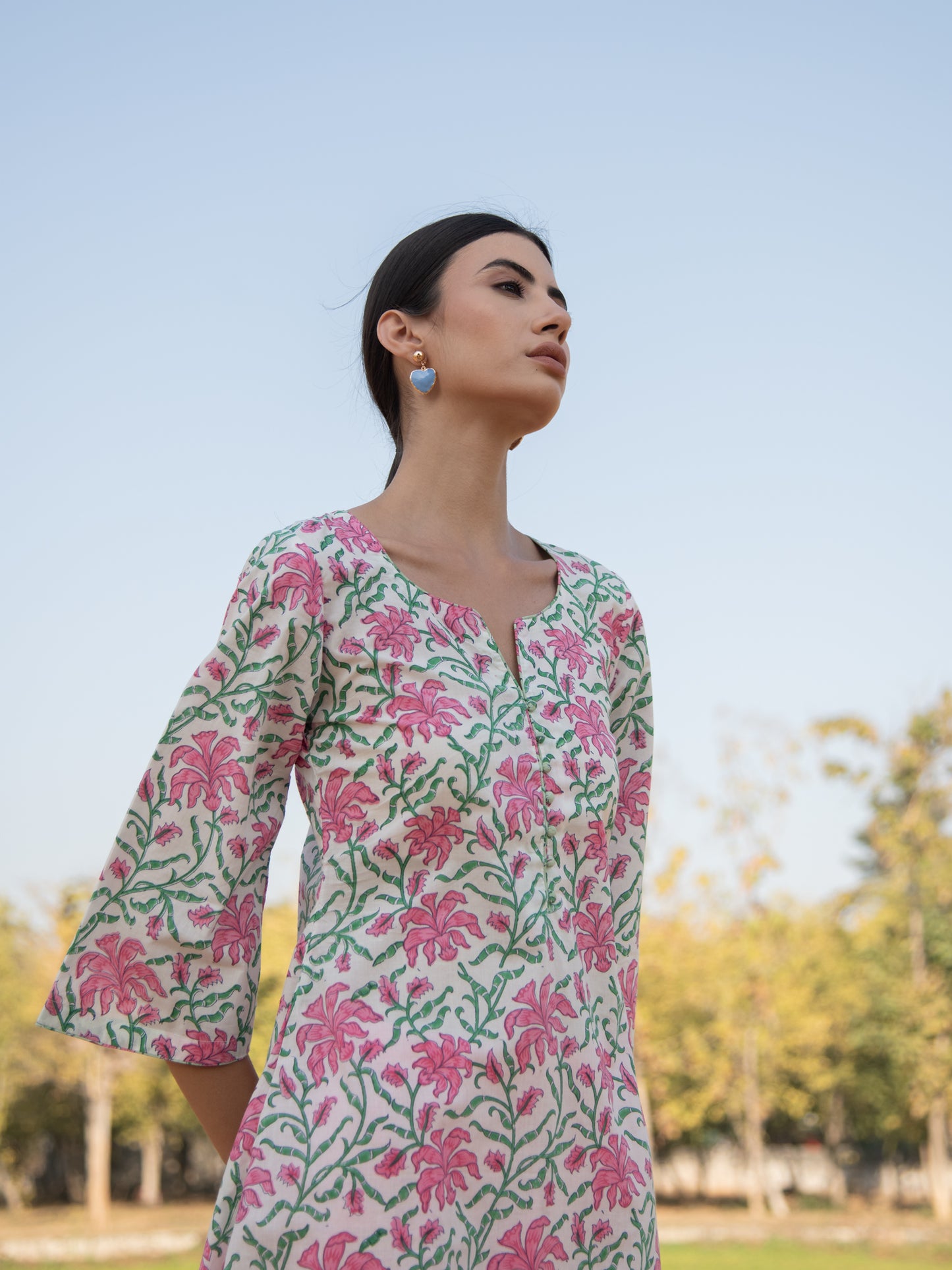 White Gardenia Kurta Set- White Pink Hand Block Printed Cotton Assymetrical Kurta With Pink Pants