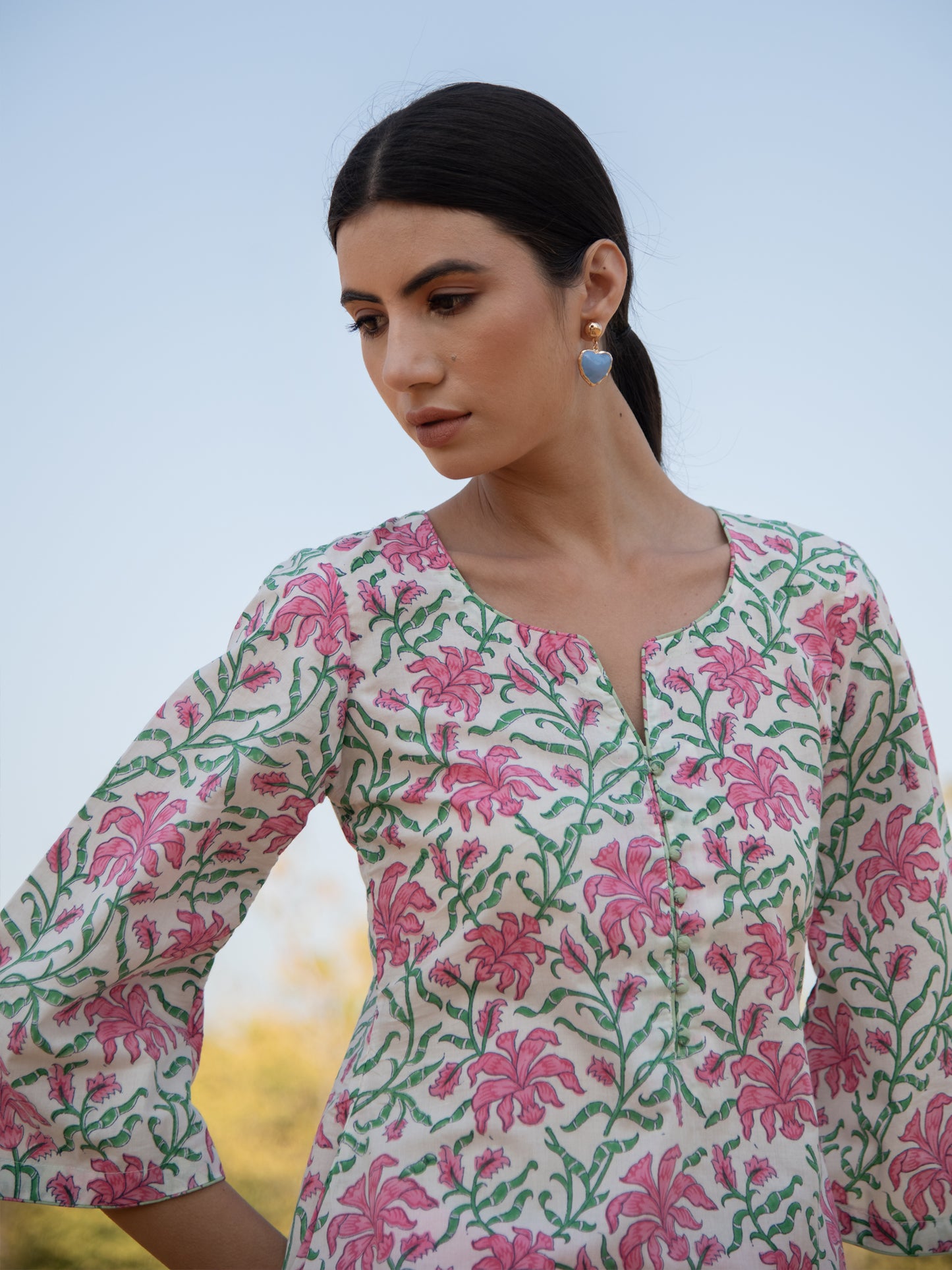 White Gardenia Kurta Set- White Pink Hand Block Printed Cotton Assymetrical Kurta With Pink Pants