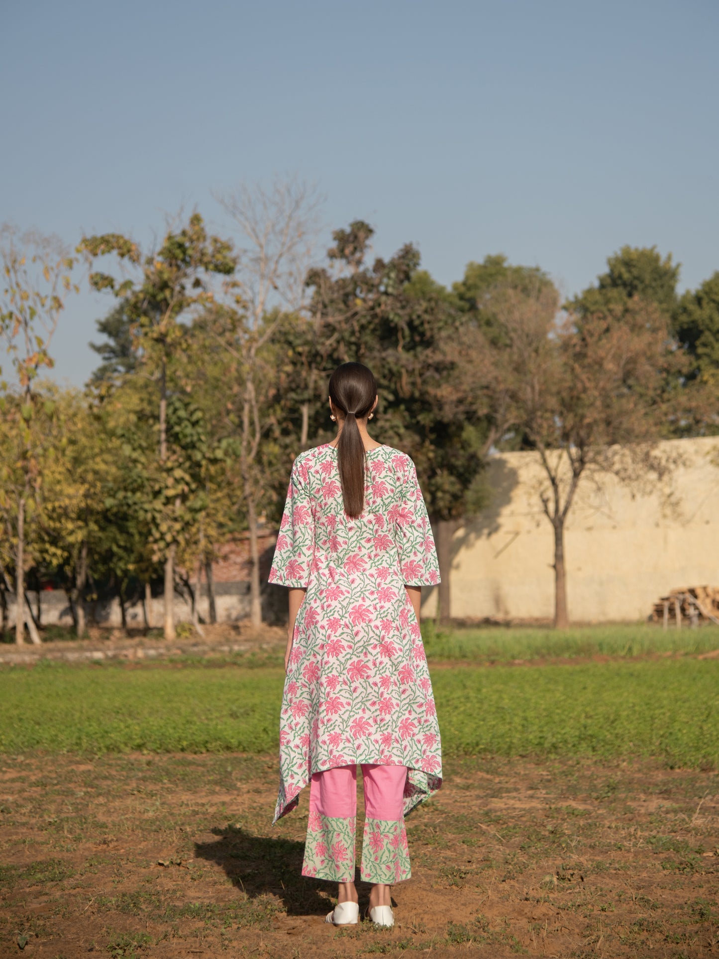White Gardenia Kurta Set- White Pink Hand Block Printed Cotton Assymetrical Kurta With Pink Pants