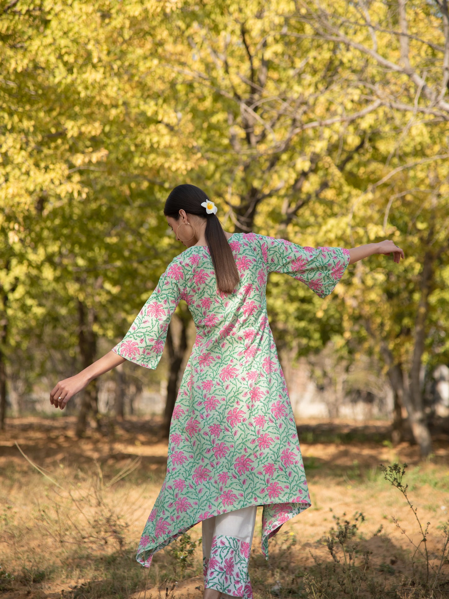 Green Gardenia Kurta Set- Green Pink Hand Block Printed Cotton Asymmetric Kurta with Pants