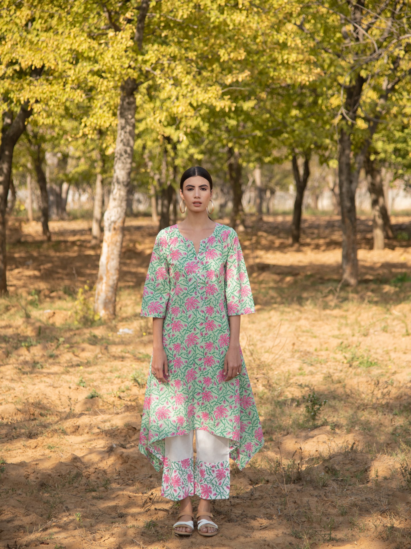 Green Gardenia Kurta Set- Green Pink Hand Block Printed Cotton Asymmetric Kurta with Pants