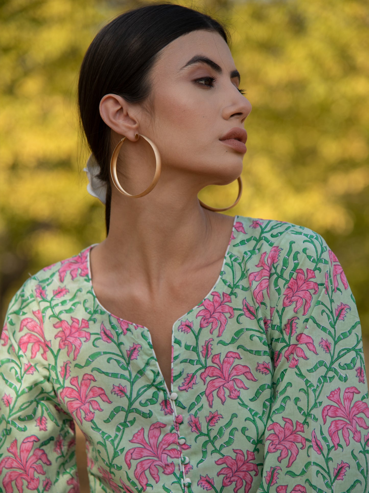 Green Gardenia Kurta Set- Green Pink Hand Block Printed Cotton Asymmetric Kurta with Pants