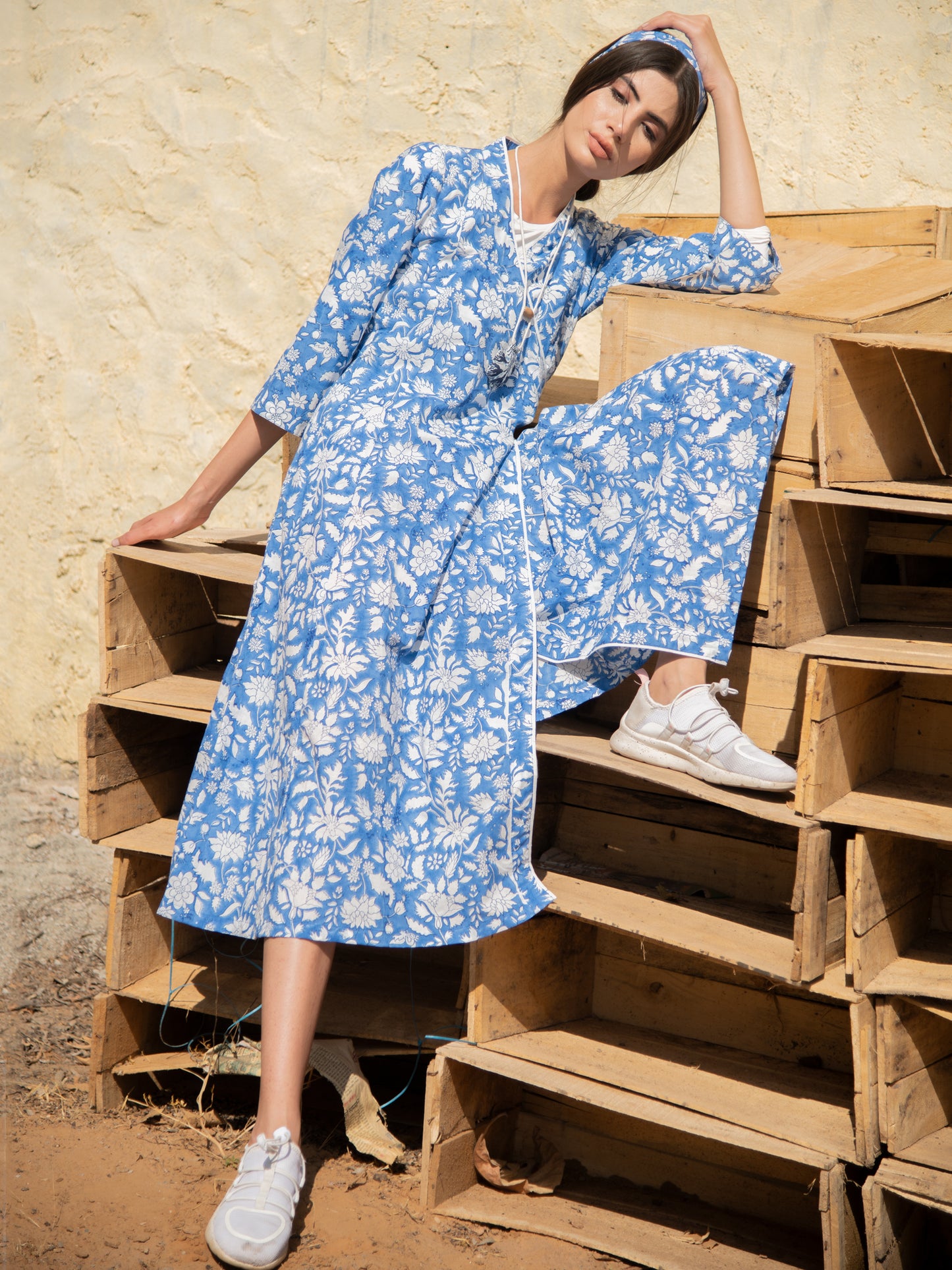 No More Blues Wrap Dress - Blue Hand Block Printed Cotton Wrap Dress
