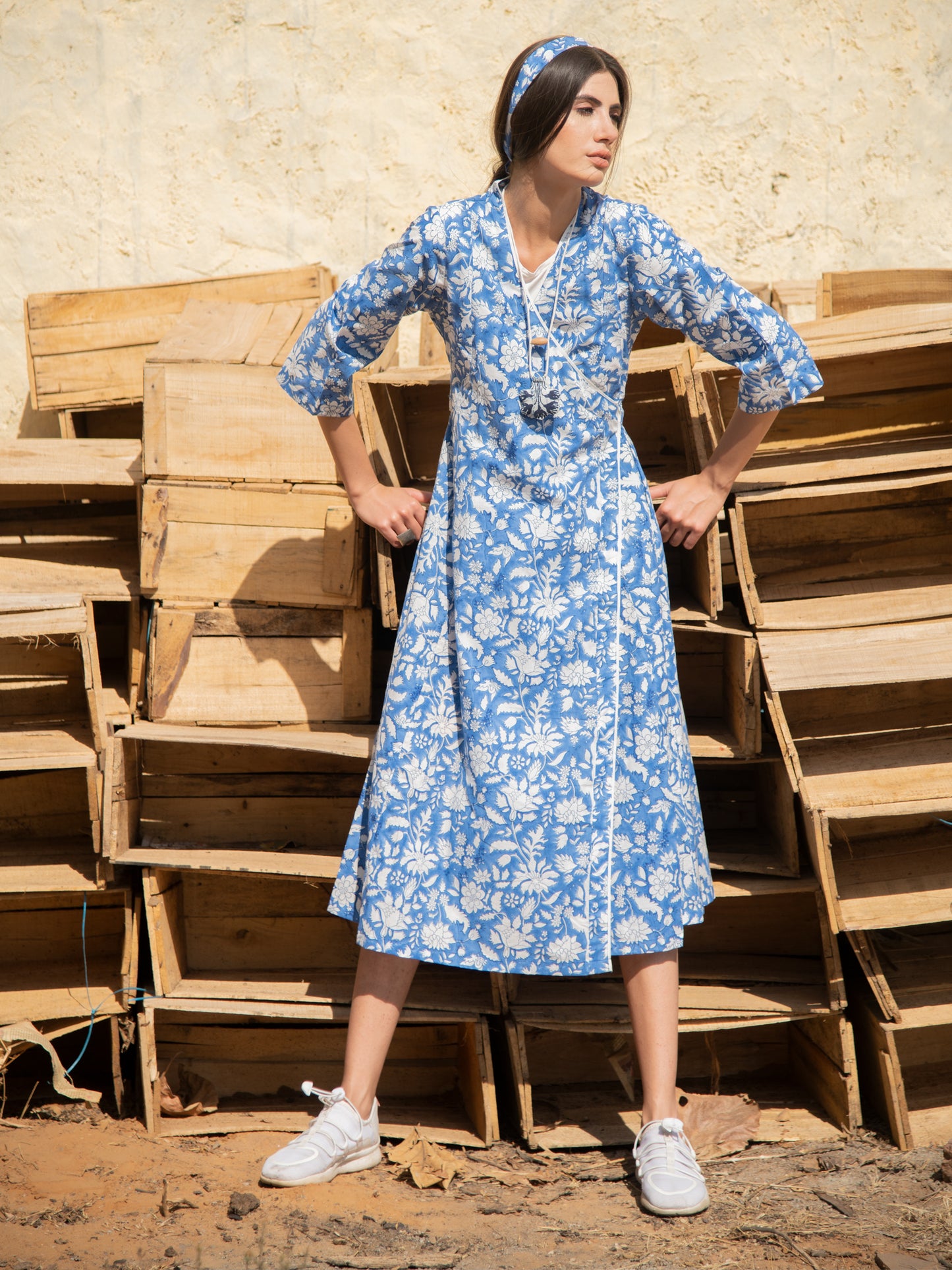 No More Blues Wrap Dress - Blue Hand Block Printed Cotton Wrap Dress