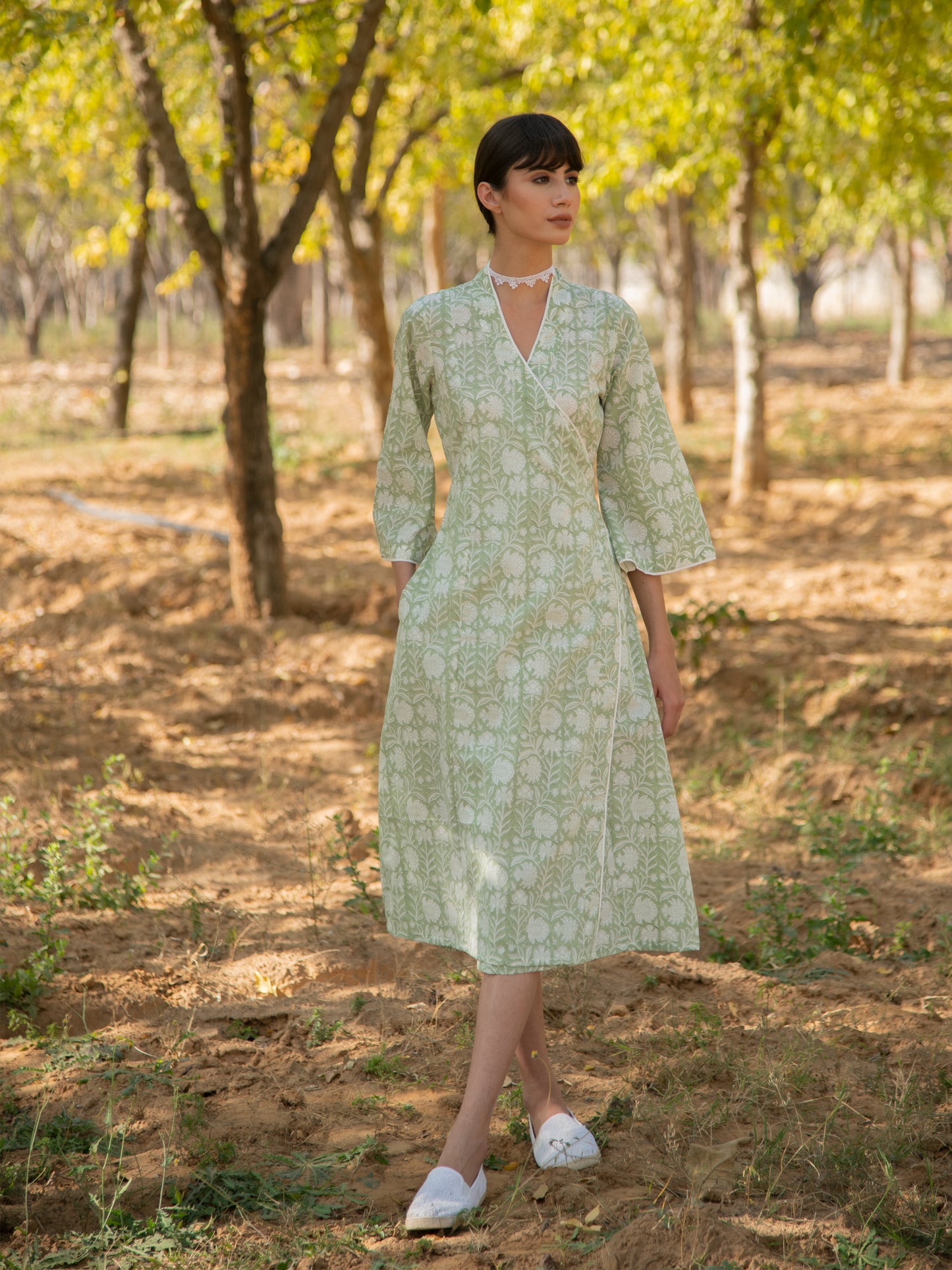 Greener Days Wrap Dress - Green Hand Block Printed Cotton Wrap Dress
