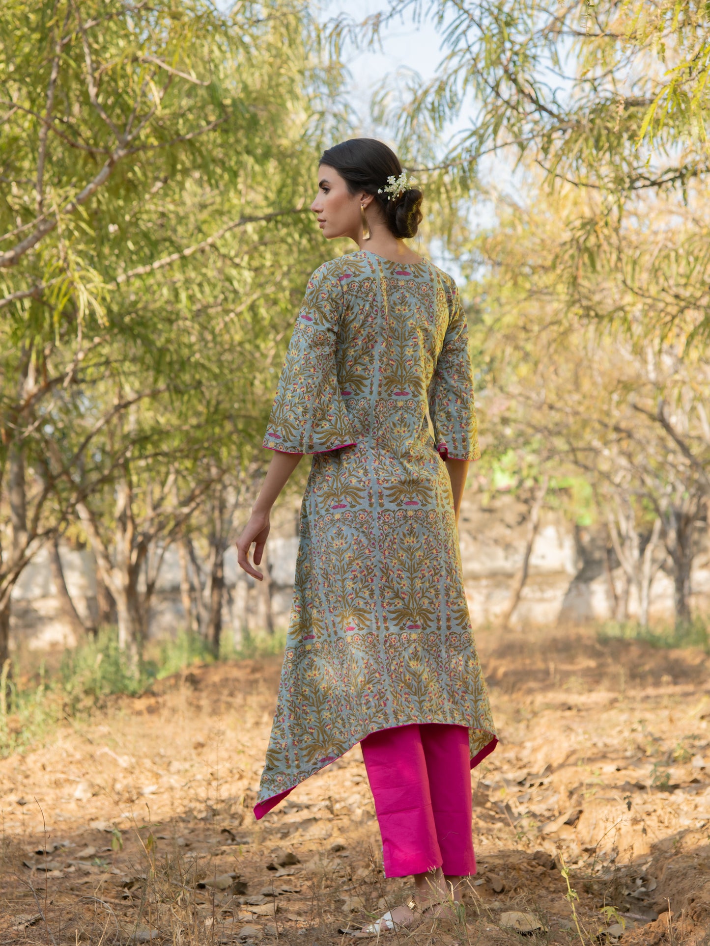 Grey Gardenia Kurta Set- Grey Hand Block Printed Cotton Asymmetric Kurta with Magenta Pants