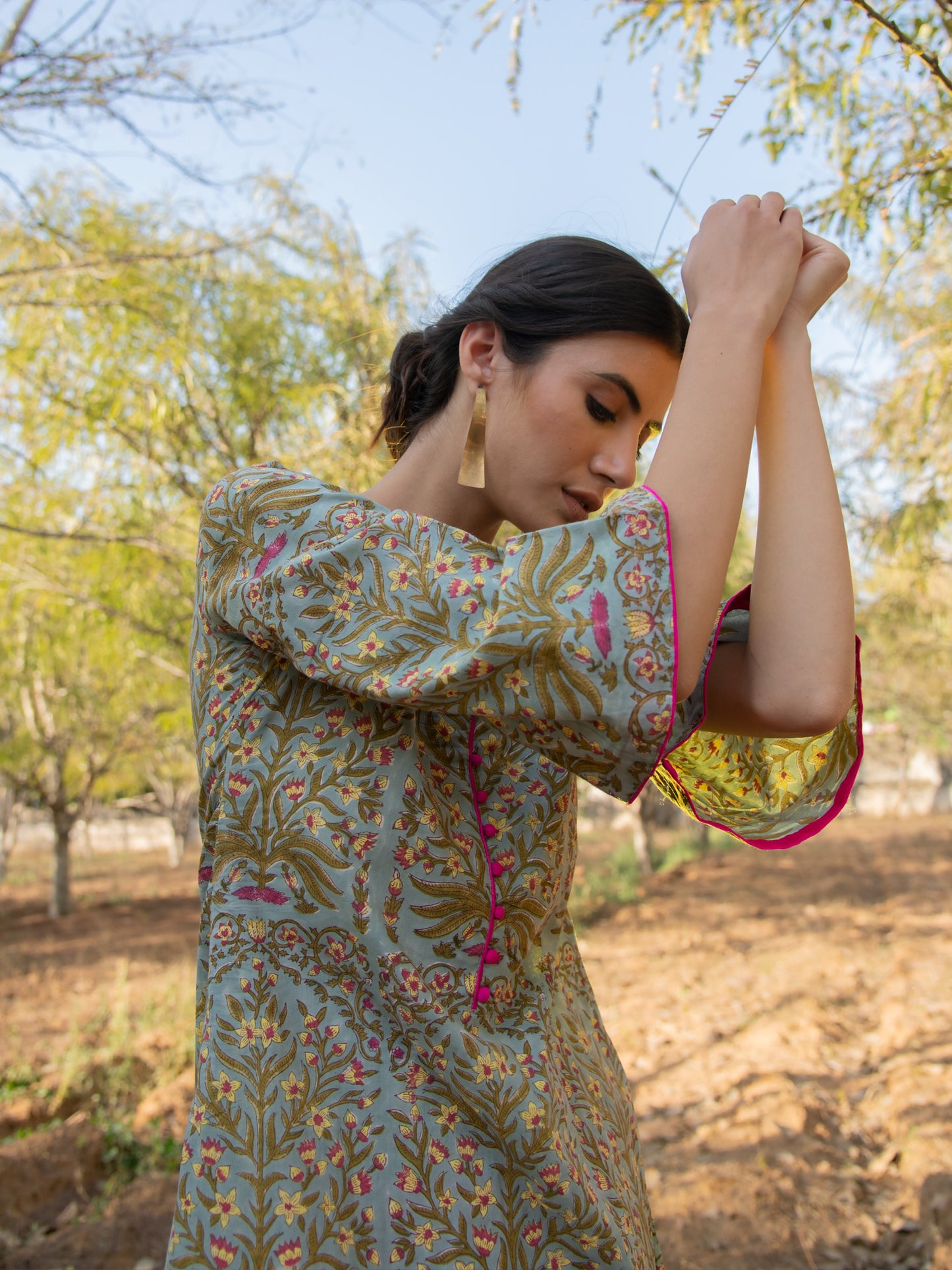 Grey Gardenia Kurta Set- Grey Hand Block Printed Cotton Asymmetric Kurta with Magenta Pants