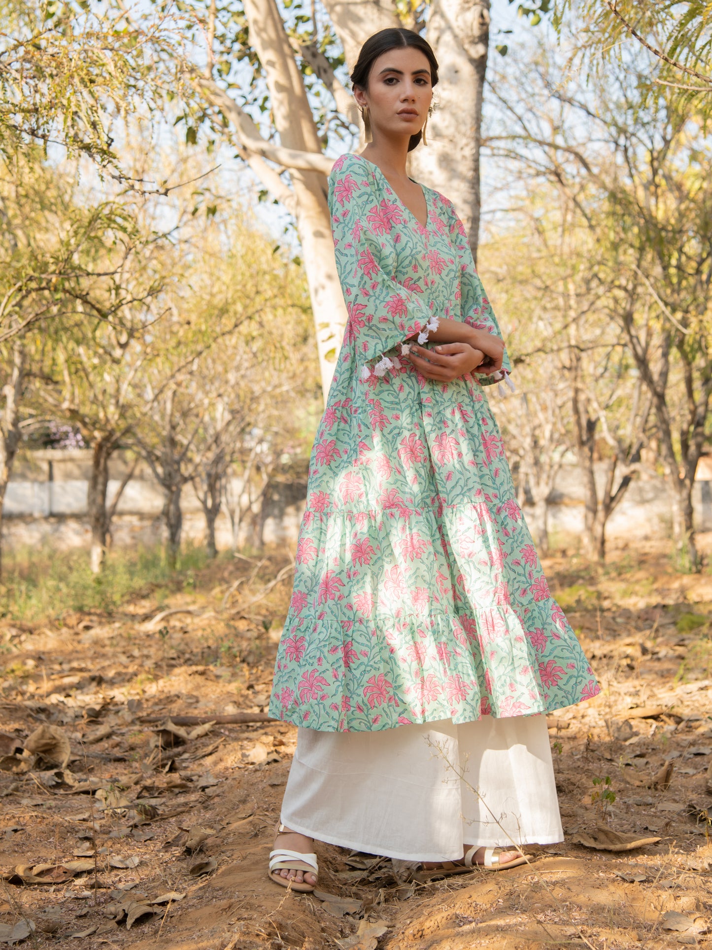Green Gardenia Tier Dress - Green Pink Hand Block Printed Cotton Tier Dress