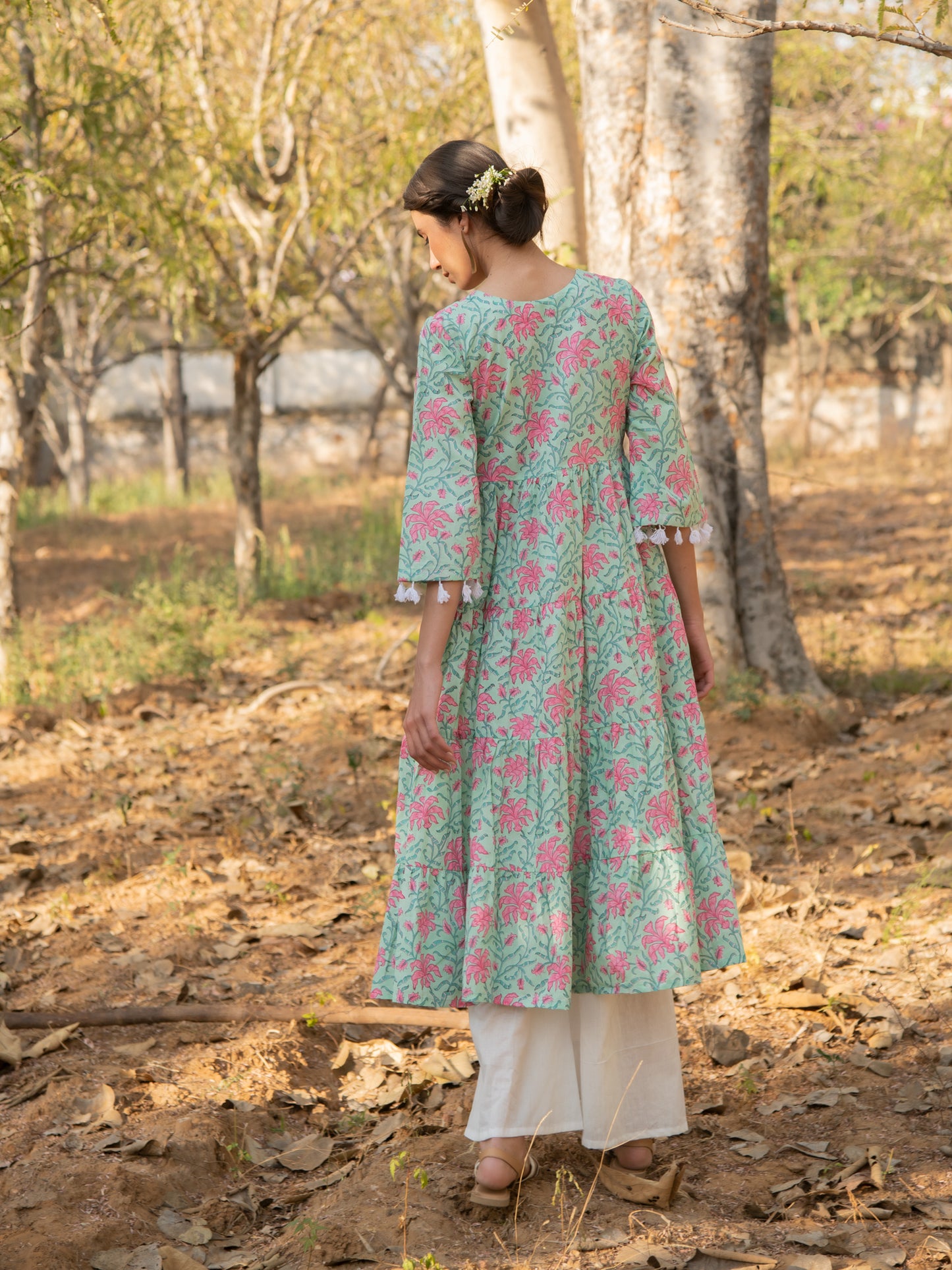 Green Gardenia Tier Dress - Green Pink Hand Block Printed Cotton Tier Dress