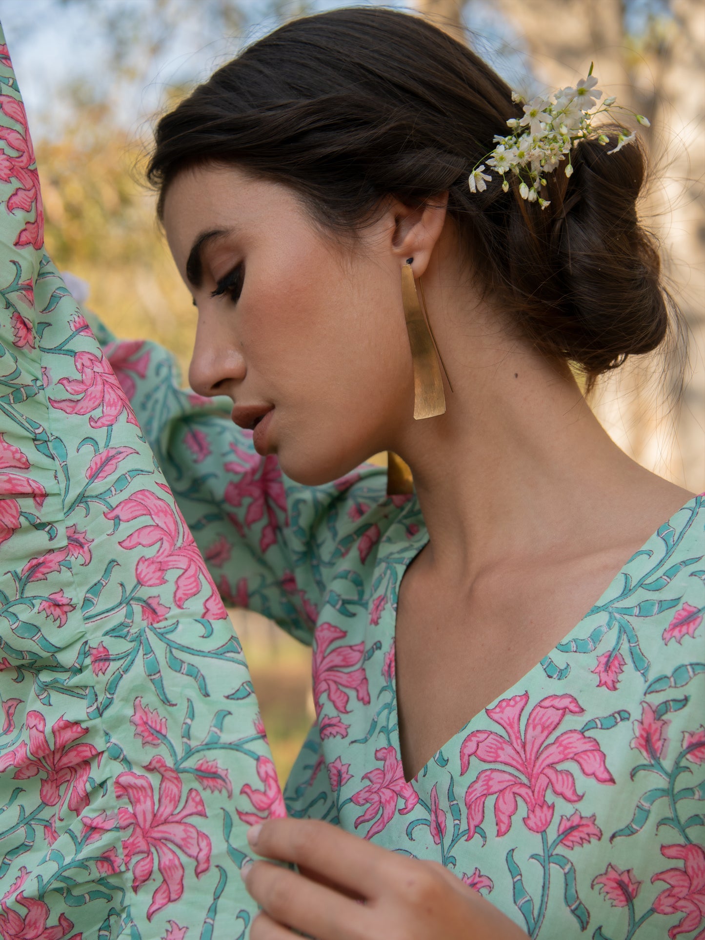 Green Gardenia Tier Dress - Green Pink Hand Block Printed Cotton Tier Dress