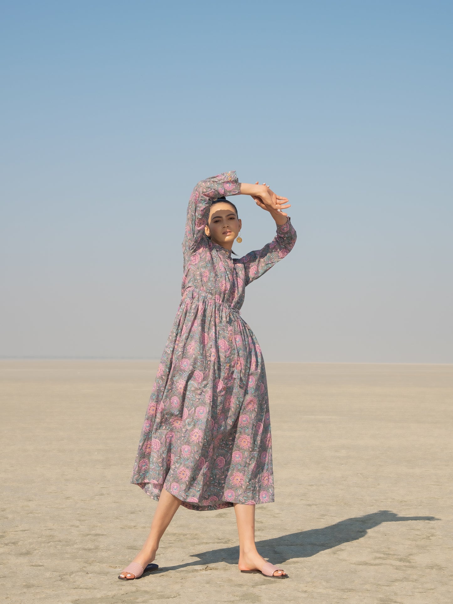 Grey Gloria Shirt Dress - Grey Hand Block Printed Cotton Shirt Dress