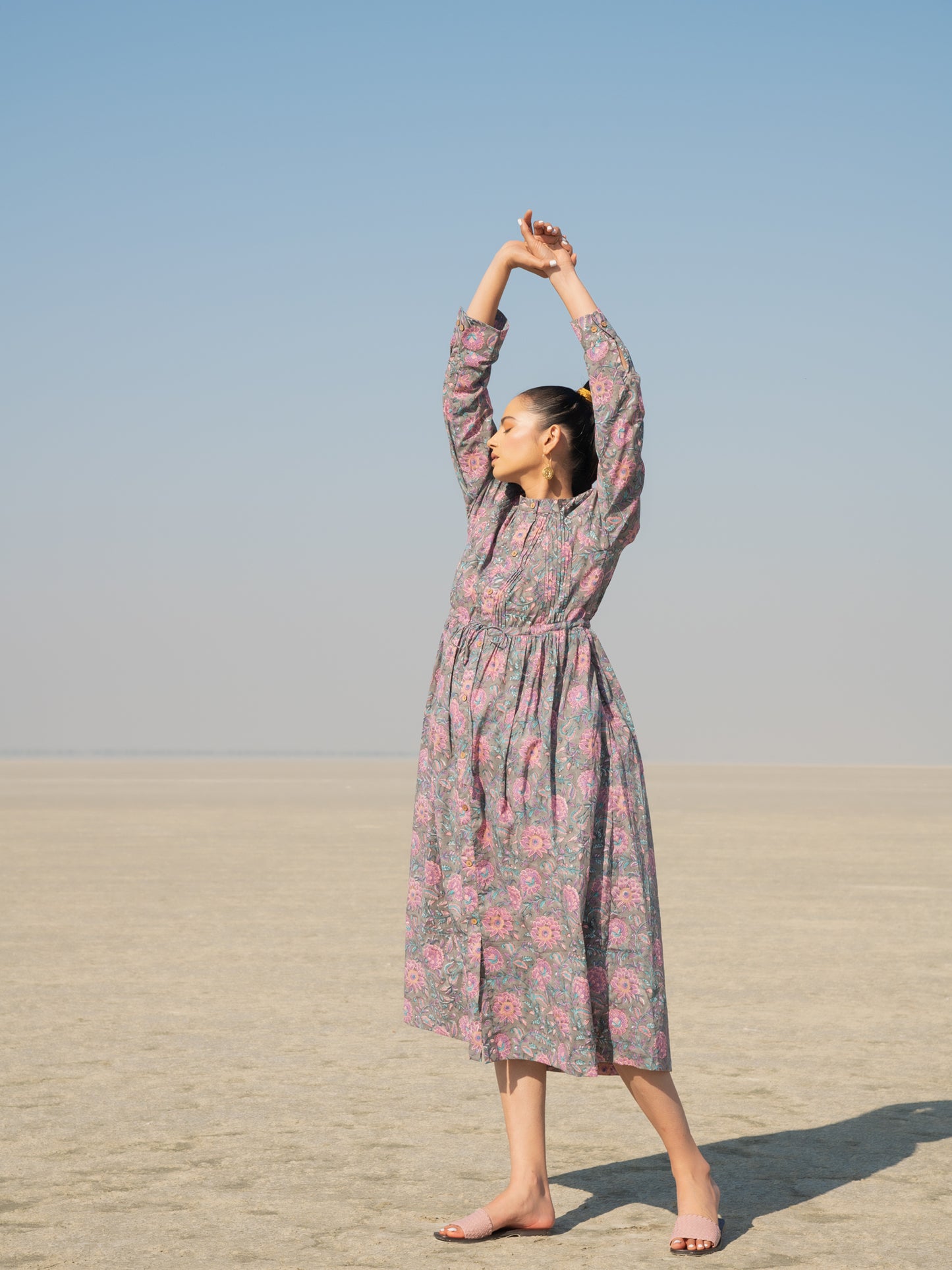 Grey Gloria Shirt Dress - Grey Hand Block Printed Cotton Shirt Dress