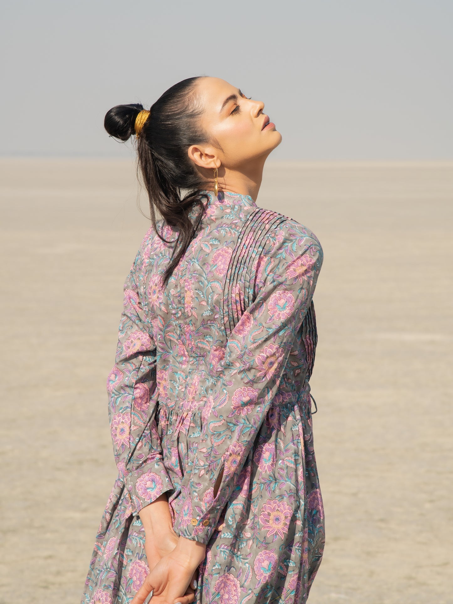 Grey Gloria Shirt Dress - Grey Hand Block Printed Cotton Shirt Dress