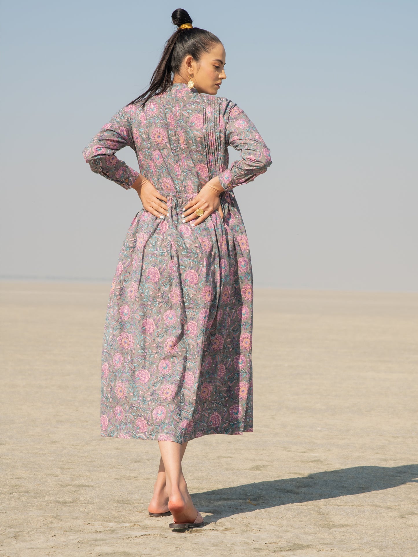 Grey Gloria Shirt Dress - Grey Hand Block Printed Cotton Shirt Dress
