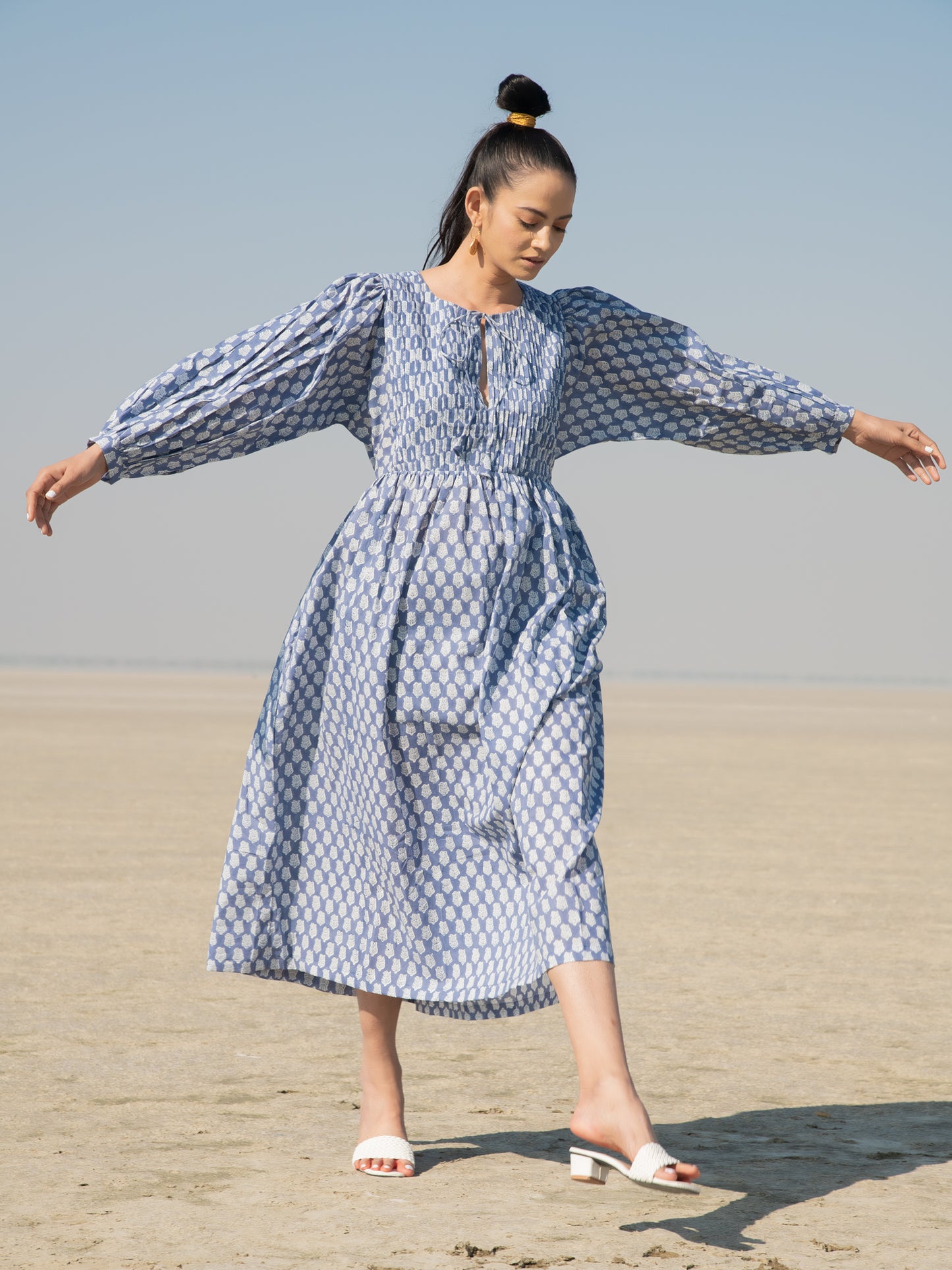 Blue Lotus Gather Dress - Blue Cotton Hand Block Printed Dress