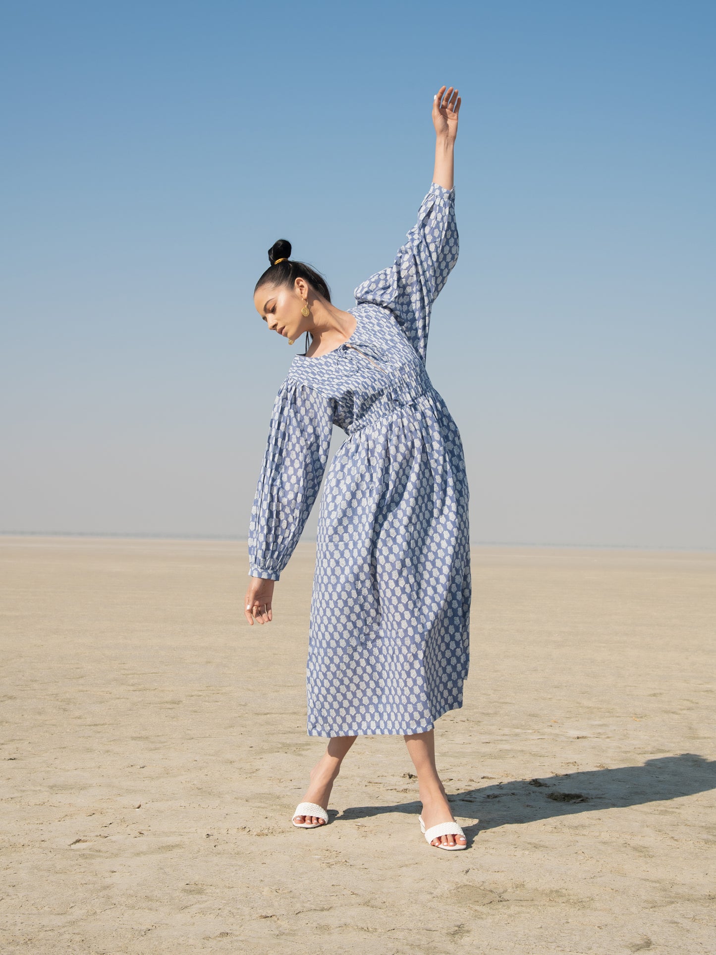 Blue Lotus Gather Dress - Blue Cotton Hand Block Printed Dress