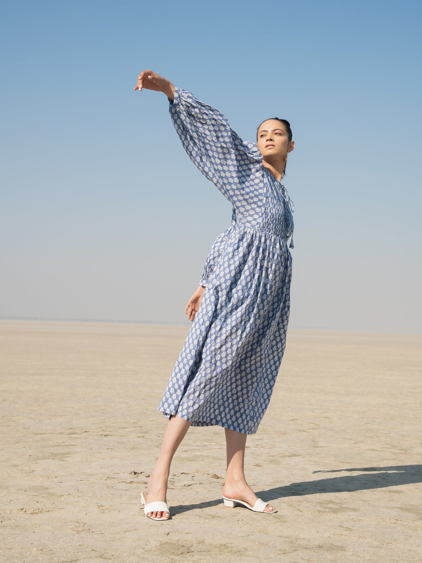 Blue Lotus Gather Dress - Blue Cotton Hand Block Printed Dress