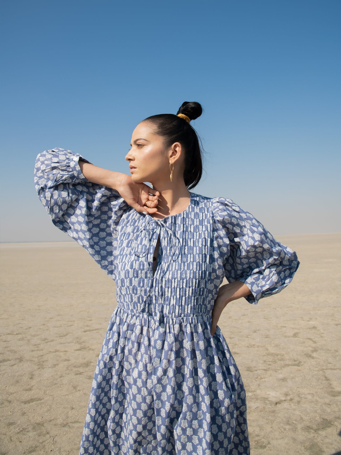 Blue Lotus Gather Dress - Blue Cotton Hand Block Printed Dress