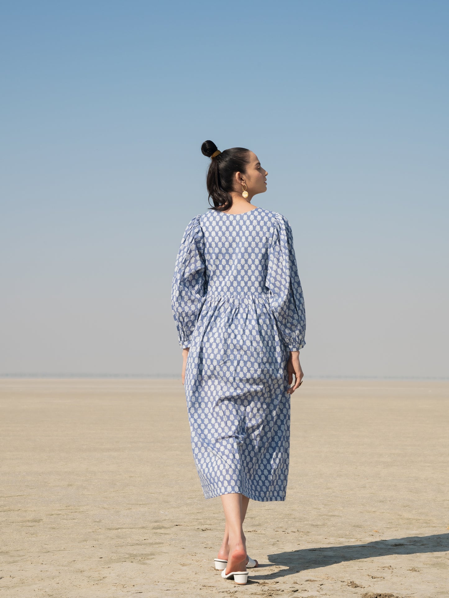 Blue Lotus Gather Dress - Blue Cotton Hand Block Printed Dress