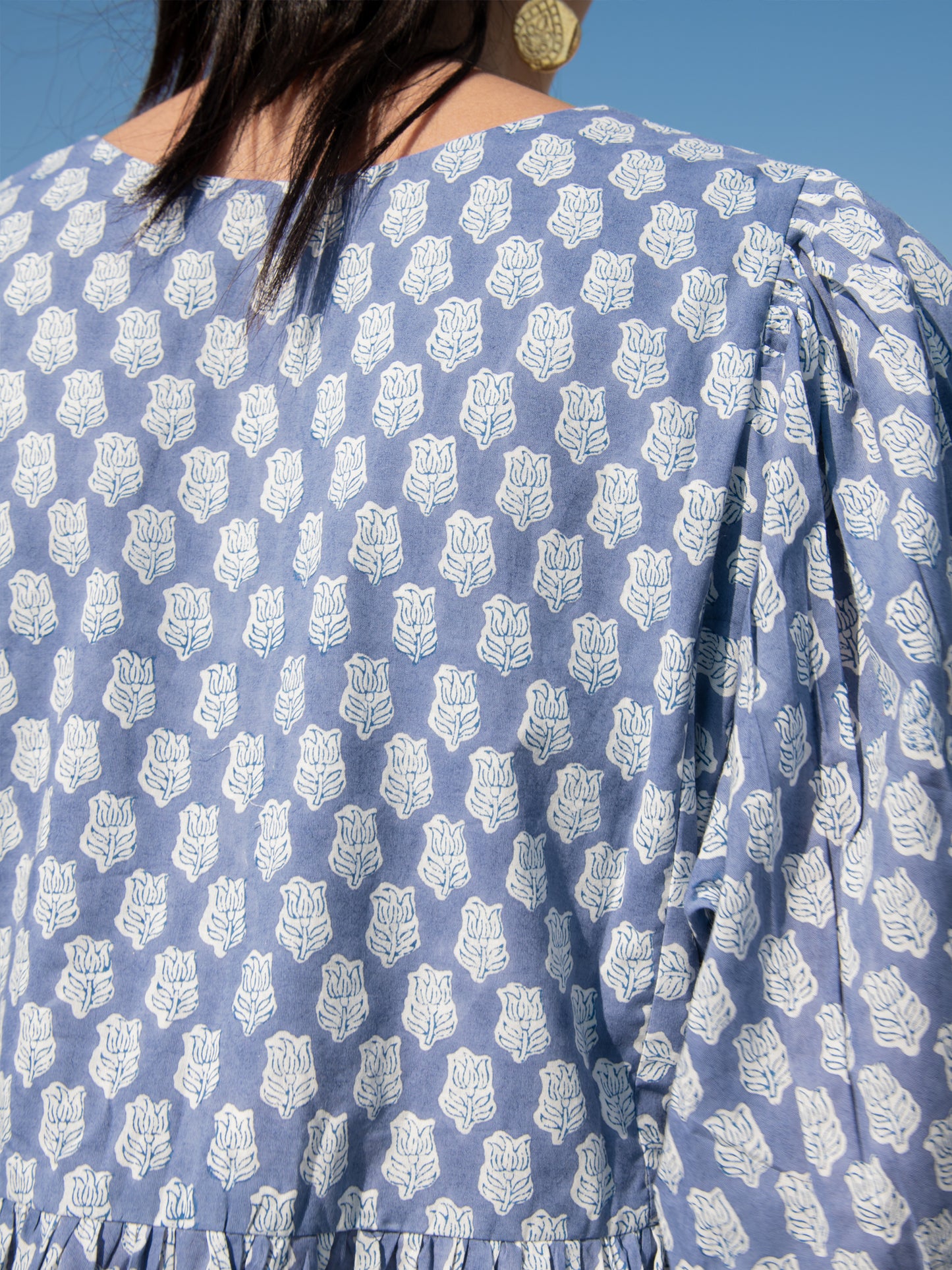 Blue Lotus Gather Dress - Blue Cotton Hand Block Printed Dress