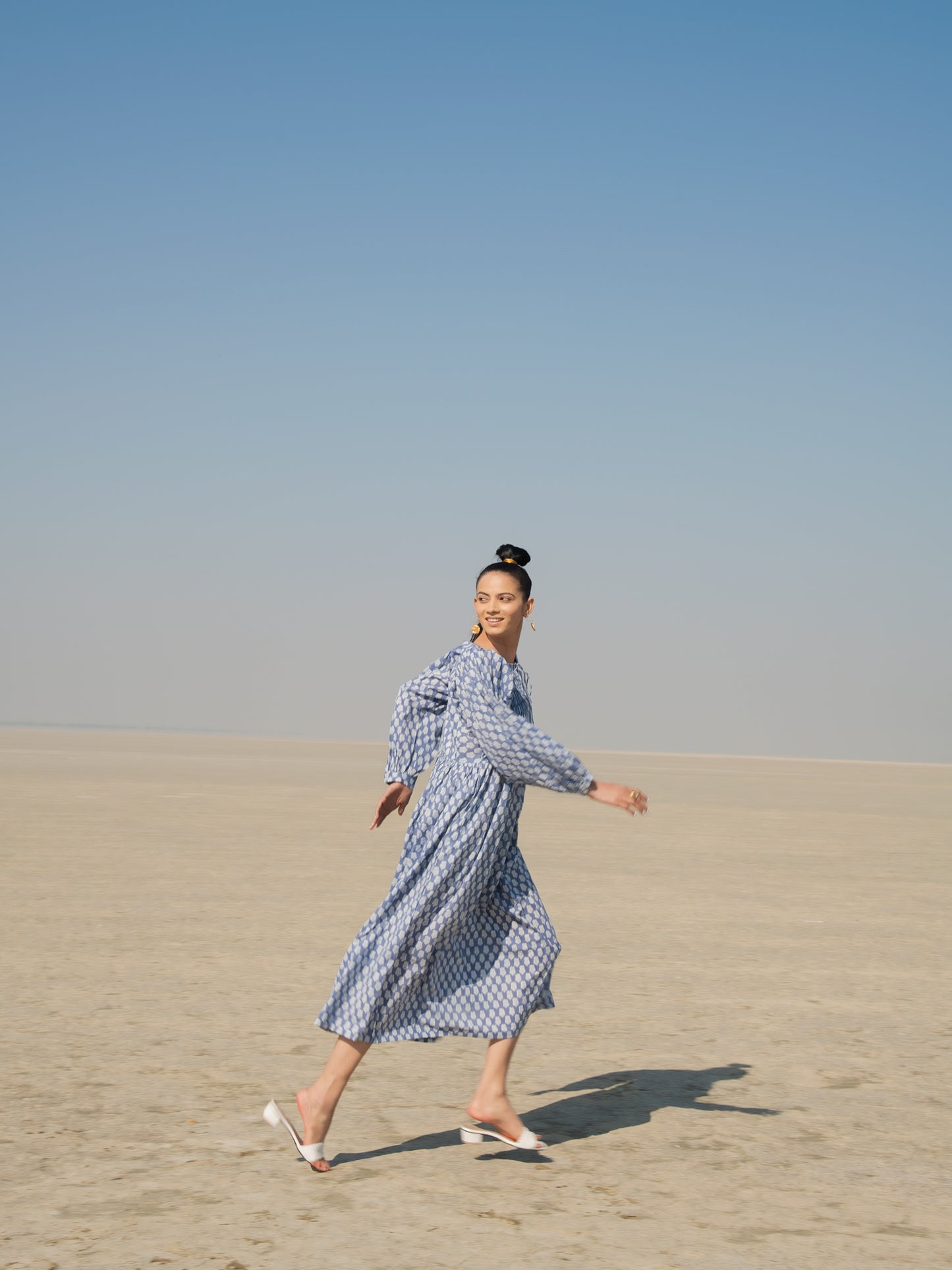 Blue Lotus Gather Dress - Blue Cotton Hand Block Printed Dress
