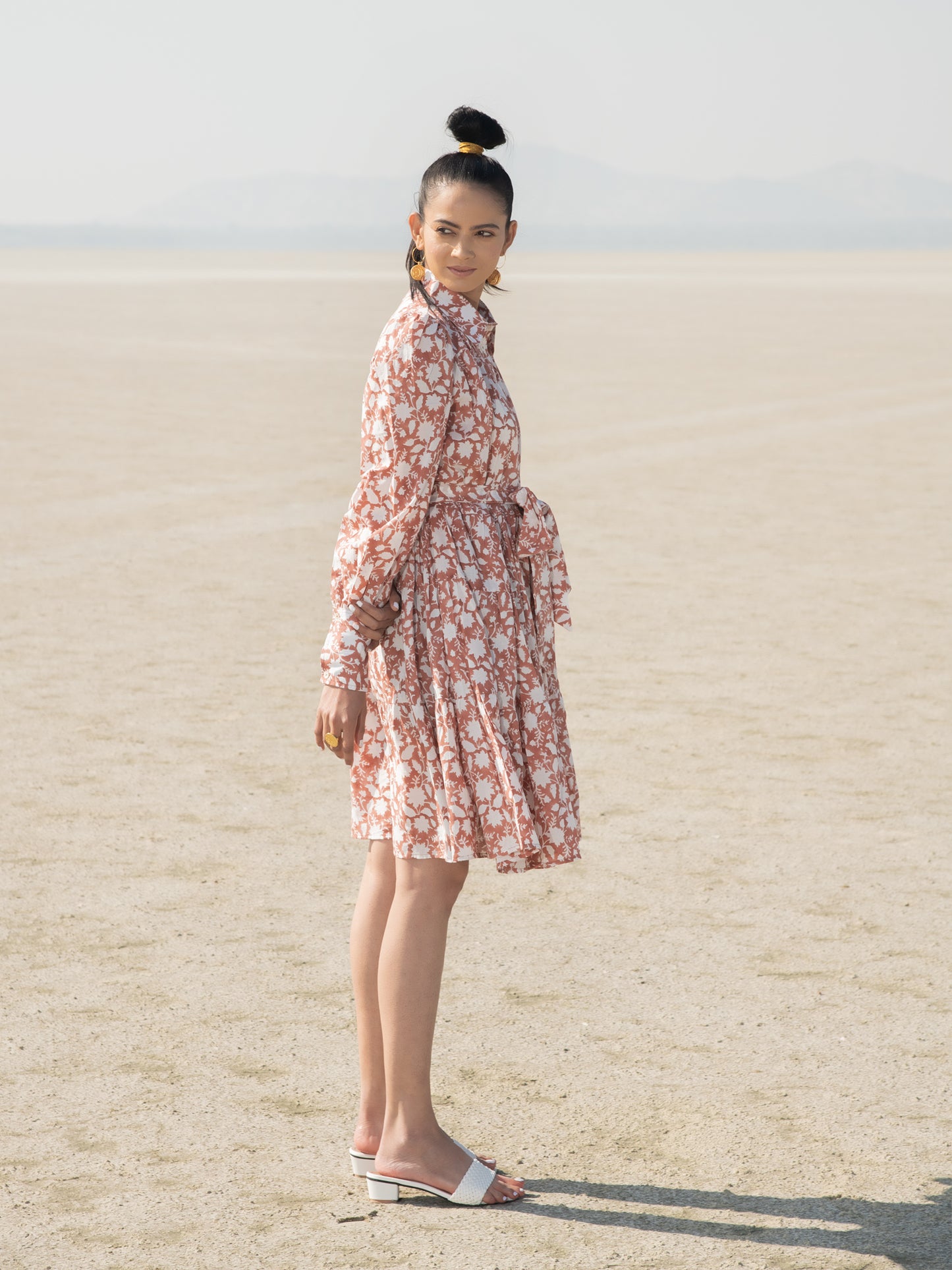 Basille Short Tier Dress - Rust Hand Block Printed Short Dress