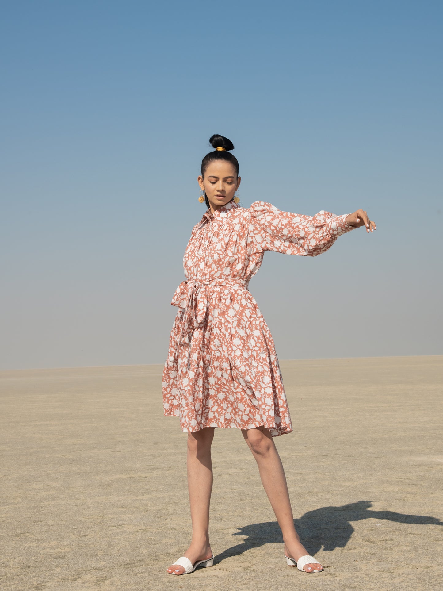 Basille Short Tier Dress - Rust Hand Block Printed Short Dress