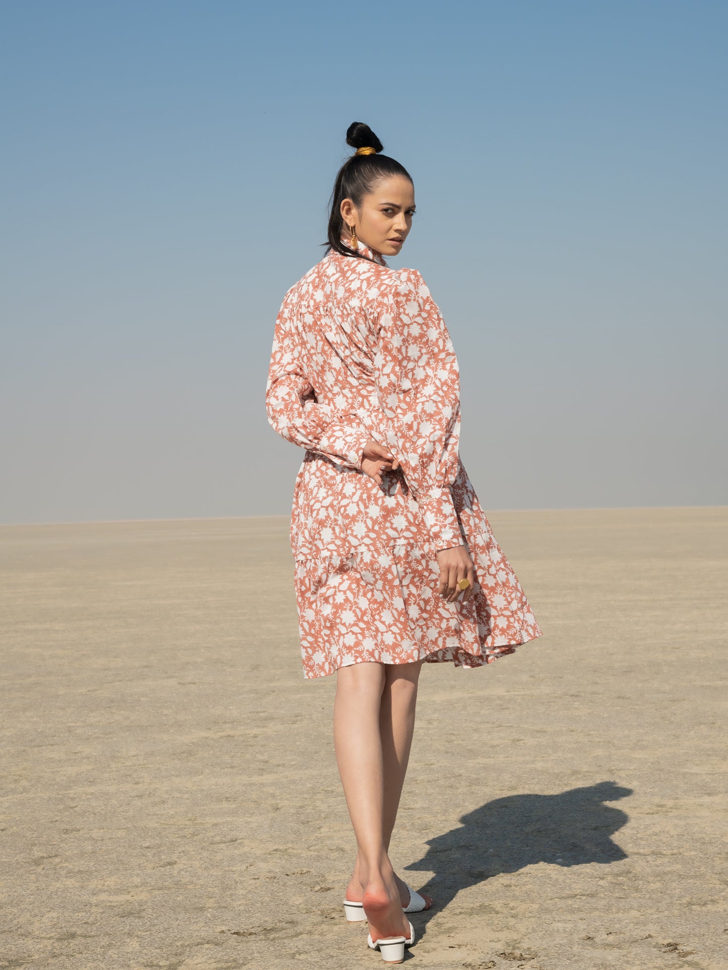 Basille Short Tier Dress - Rust Hand Block Printed Short Dress