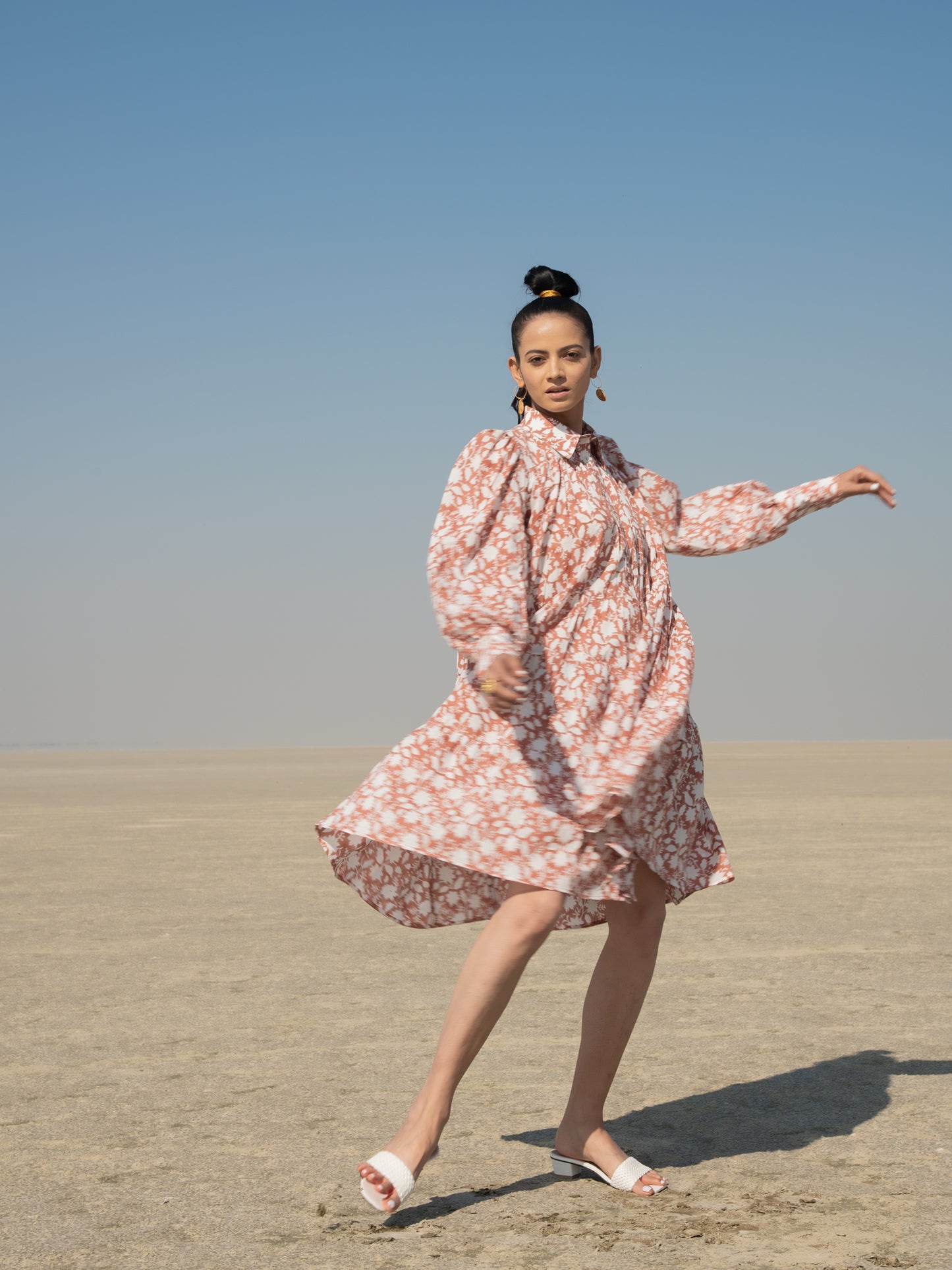 Basille Short Tier Dress - Rust Hand Block Printed Short Dress