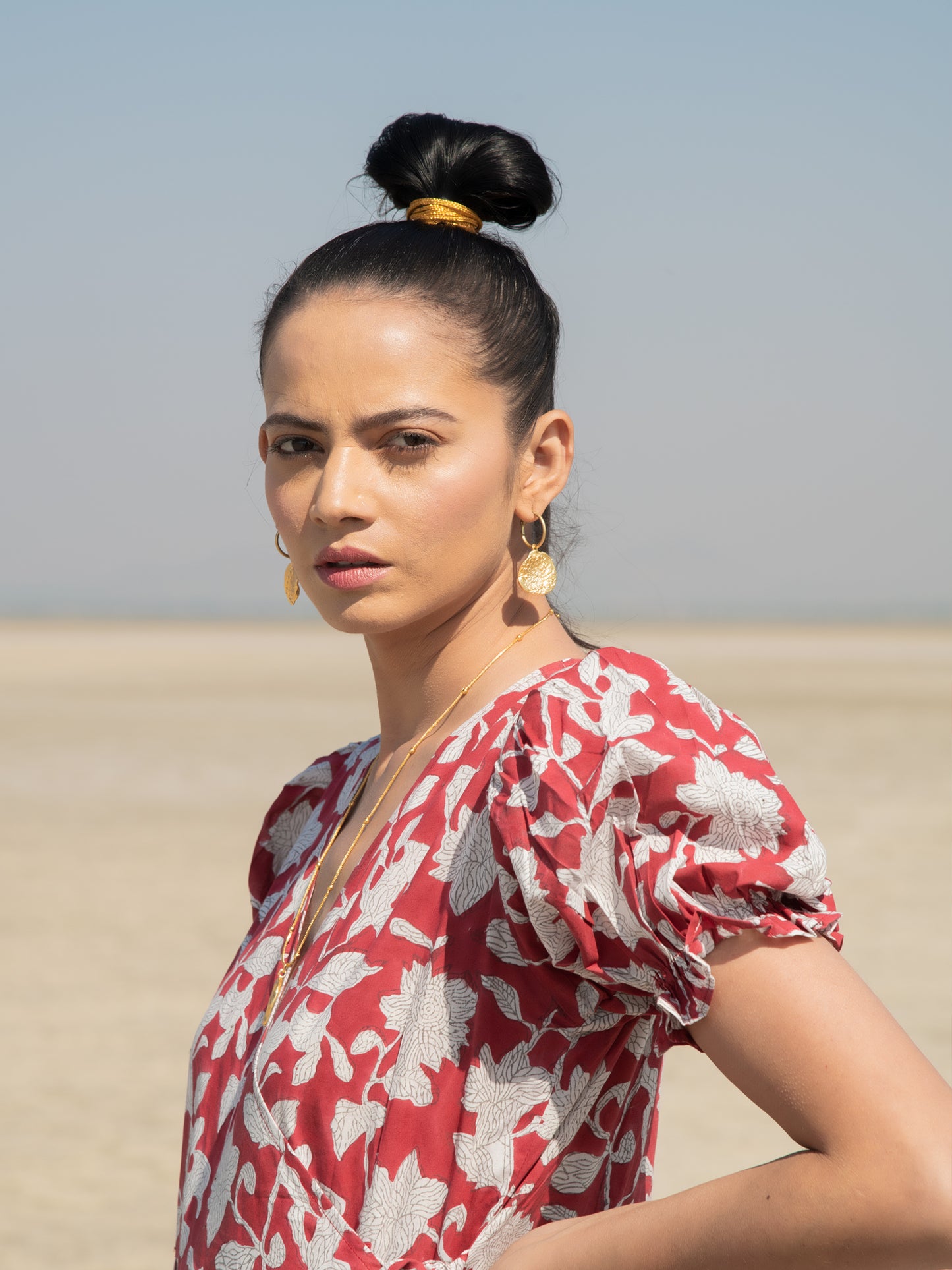 Red Lilies Tier Wrap Dress - Red Hand Block Printed Cotton Tiered Wrap Dress